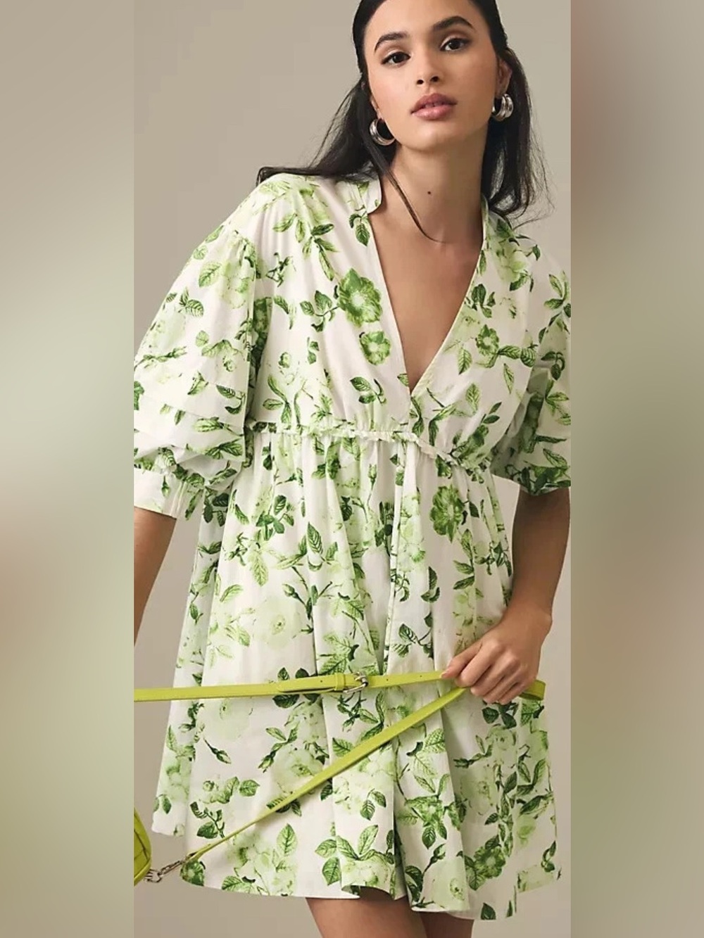 Maeve Anthropologie Dress Botanical Green & White Floral Puffed Short Sleeves L👍